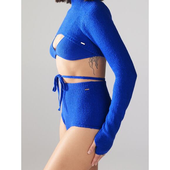 SAVAGE X FENTY Ms Minx Knit Shrug Crop Sweater Womens M Blue Ribbed Mock Neck - Picture 2 of 16